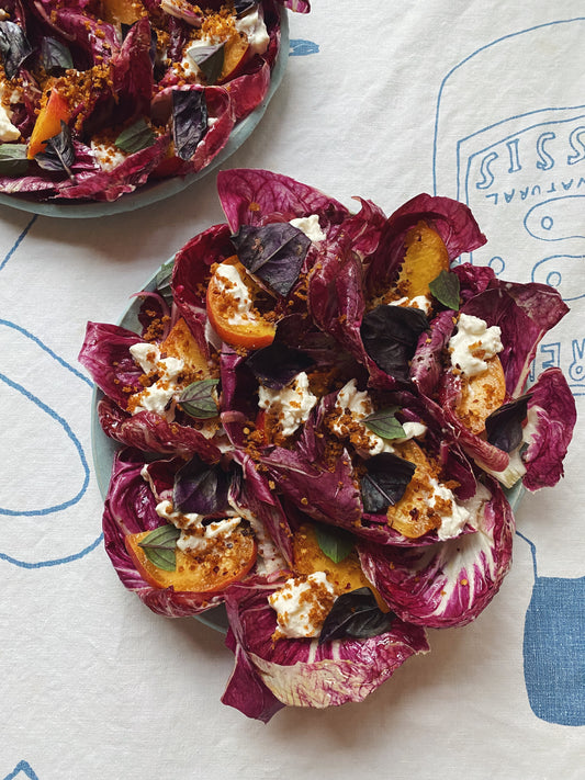 Radicchio, Peach and Burrata Salad with Peach Leaf & Rose Vinaigrette